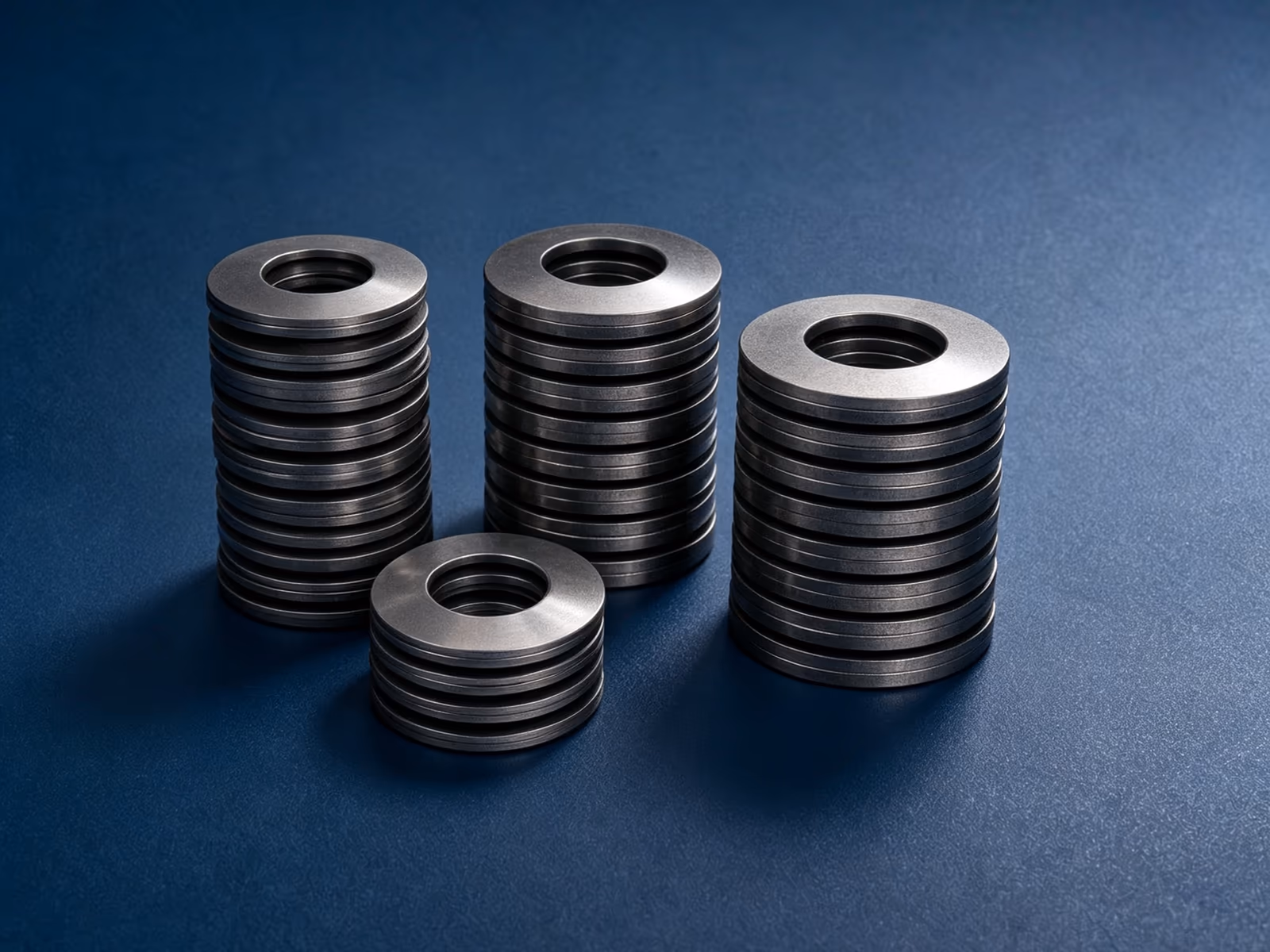Disc Spring Stack Design | Belleville Washer Stack RFQ with blue industrial background